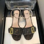 Fendi Women Brown Fabric Sandals FF Baguette Metal Buckle - Image 5