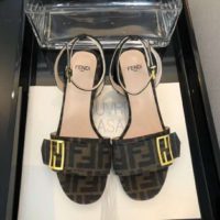 Fendi Women Brown Fabric Sandals FF Baguette Metal Buckle