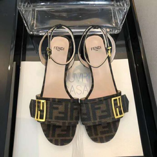 Fendi Women Brown Fabric Sandals FF Baguette Metal Buckle (2)