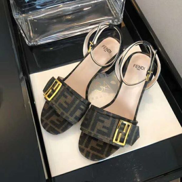 Fendi Women Brown Fabric Sandals FF Baguette Metal Buckle (3)
