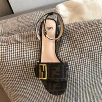 Fendi Women Brown Fabric Sandals FF Baguette Metal Buckle