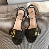 Fendi Women Brown Fabric Sandals FF Baguette Metal Buckle
