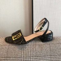 Fendi Women Brown Fabric Sandals FF Baguette Metal Buckle