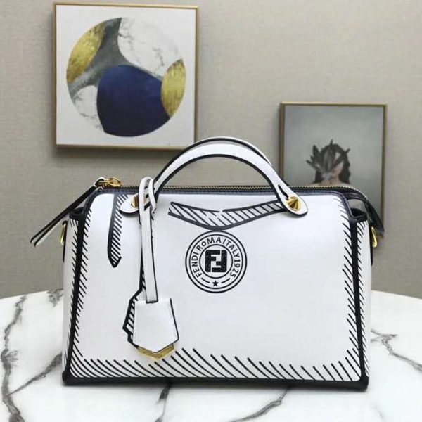 Fendi Women By The Way Medium White Leather Printed Boston Bag (3)