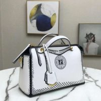 Fendi Women By The Way Medium White Leather Printed Boston Bag