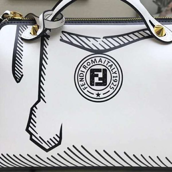 Fendi Women By The Way Medium White Leather Printed Boston Bag (8)