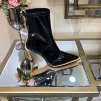 Fendi Women Glossy Black Neoprene Ankle Boots FFrame Pointed-Toe