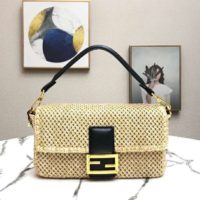 Fendi Women Iconic Baguette Large Size Natural Straw Bag-Beige