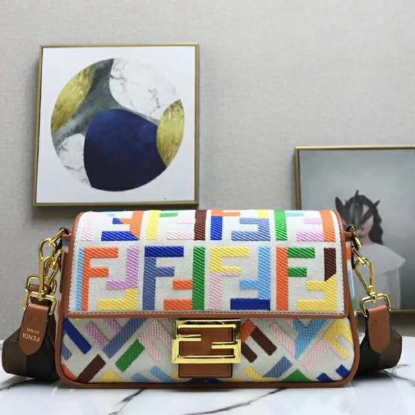 Fendi Women Iconic Baguette Medium Size FF Beige Canvas Bag (11)