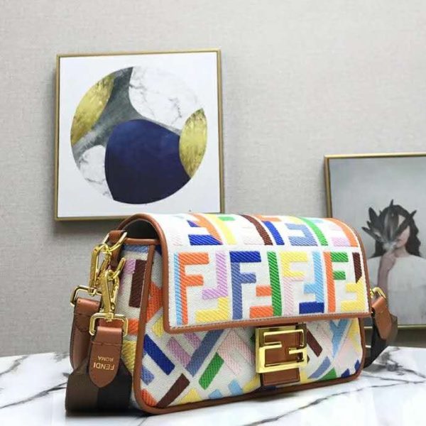 Fendi Women Iconic Baguette Medium Size FF Beige Canvas Bag (3)