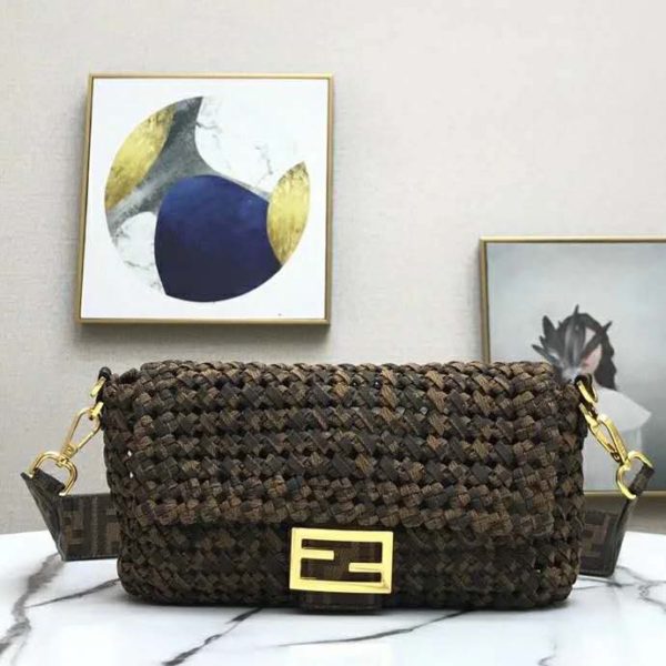 Fendi Women Iconic Baguette Medium Size Jacquard Fabric Interlace Bag (4)