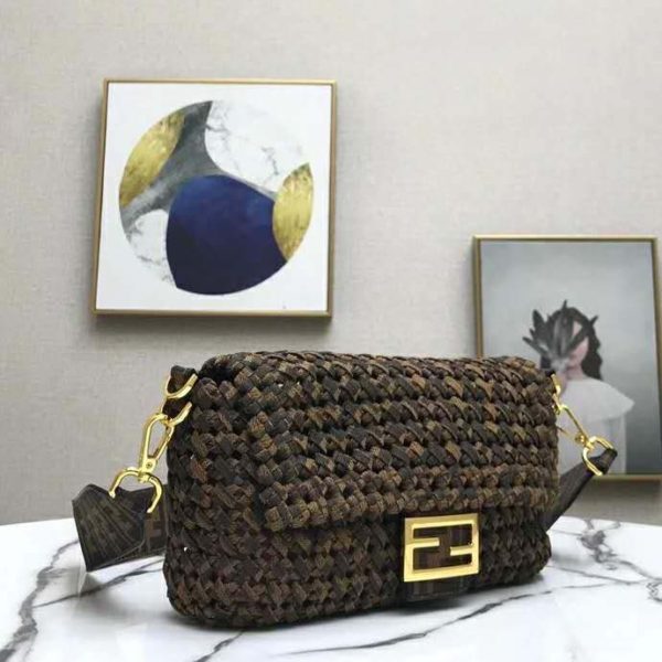 Fendi Women Iconic Baguette Medium Size Jacquard Fabric Interlace Bag (5)