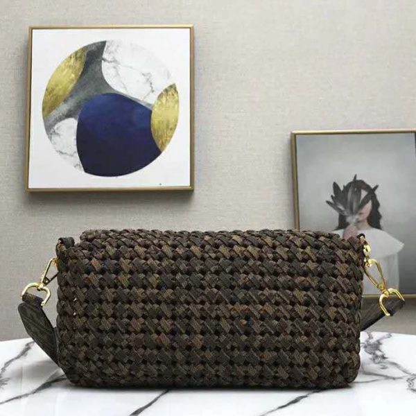 Fendi Women Iconic Baguette Medium Size Jacquard Fabric Interlace Bag (6)