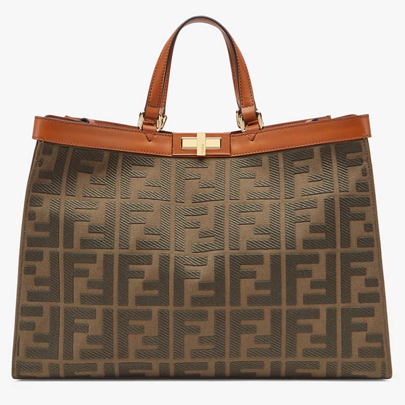 Fendi Women Medium Peekaboo X-Tote Green Canvas Bag-Brown - LULUX