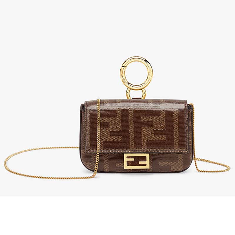 Fendi Women Nano Baguette Charm Brown Fabric Charm Jacquard FF - Brandsoff