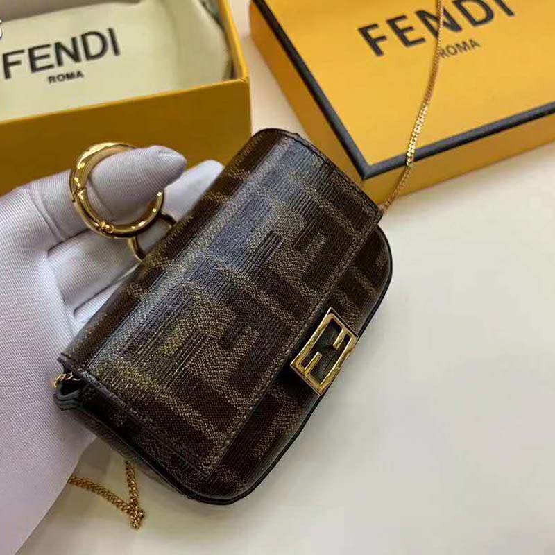 Fendi Women Nano Baguette Charm Brown Fabric Charm Jacquard FF - LULUX