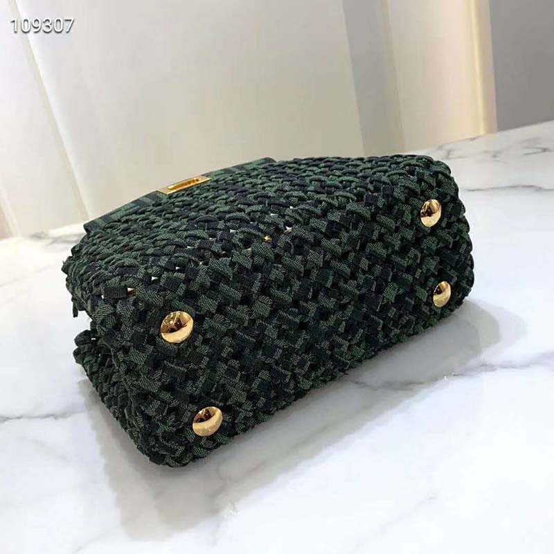 Fendi Women Peekaboo Iconic Mini Jacquard Fabric Interlace Bag-Dark Green