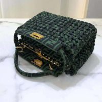 Fendi Women Peekaboo Iconic Medium Jacquard Fabric Interlace Bag-Dark Green (2)