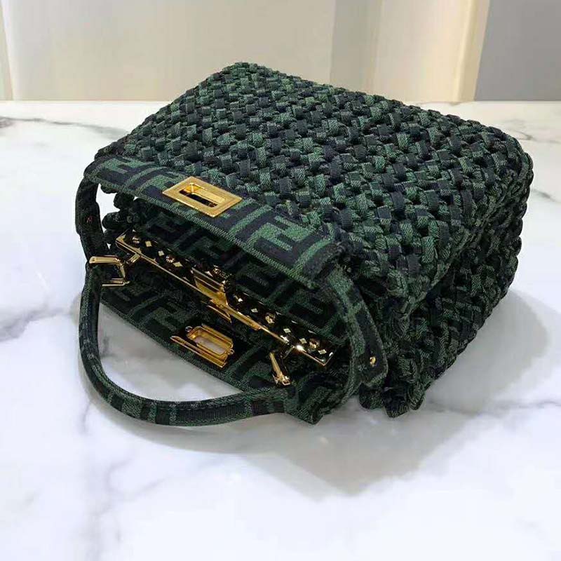 Fendi Women Peekaboo Iconic Mini Jacquard Fabric Interlace Bag-Dark Green