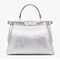 Fendi Women Peekaboo Iconic Medium Silver Mirror-Effect Leather Bag