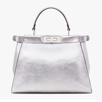 Fendi Women Peekaboo Iconic Medium Silver Mirror-Effect Leather Bag