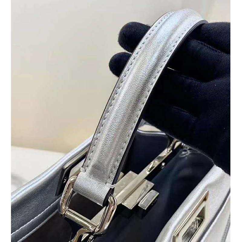 Fendi Women Peekaboo Iconic XS Mini Silver Mirror-Effect Leather Bag