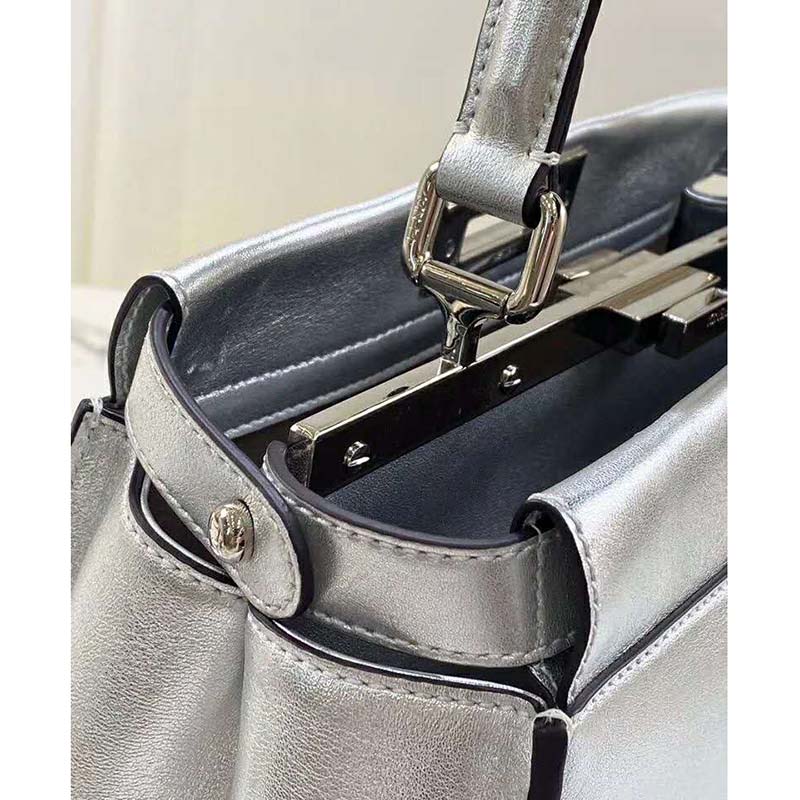 Fendi Women Peekaboo Iconic XS Mini Silver Mirror-Effect Leather Bag