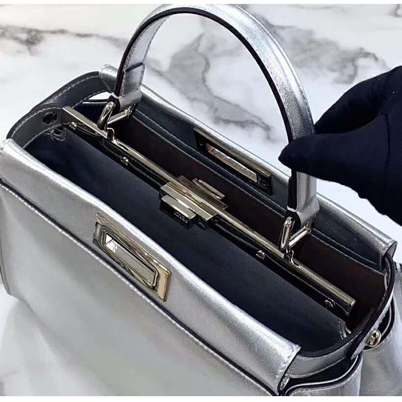 Fendi Women Peekaboo Iconic XS Mini Silver Mirror-Effect Leather Bag