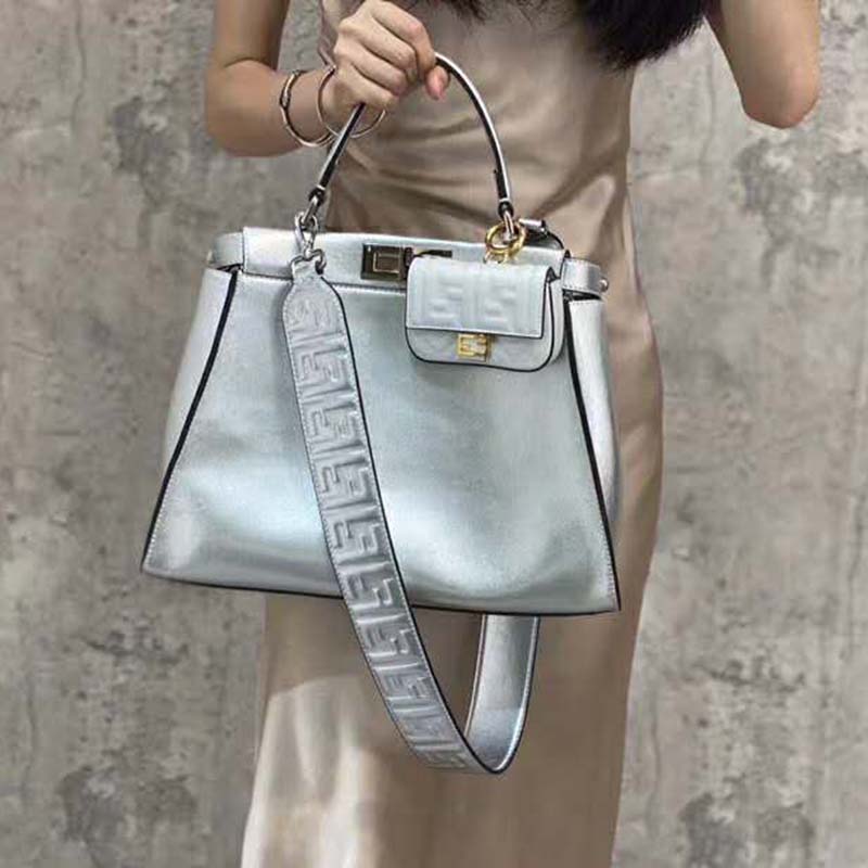 Fendi Women Peekaboo Iconic XS Mini Silver Mirror-Effect Leather Bag