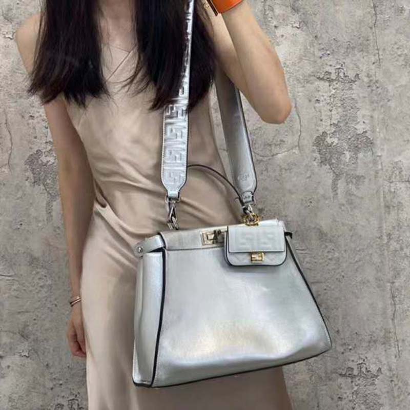 Fendi Women Peekaboo Iconic XS Mini Silver Mirror-Effect Leather Bag