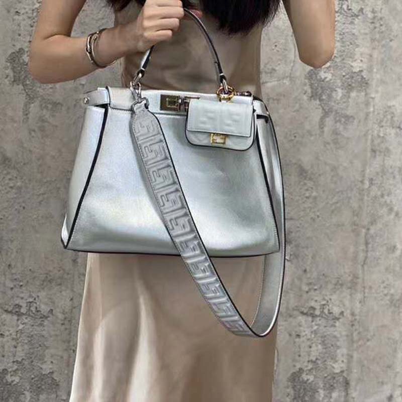 Fendi Women Peekaboo Iconic XS Mini Silver Mirror-Effect Leather Bag