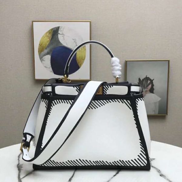 Fendi Women Peekaboo Iconic Medium White Leather FF Print Bag (5)