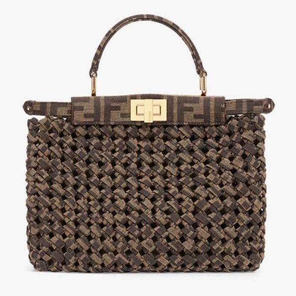 Fendi Women Peekaboo Iconic Mini Jacquard Fabric Interlace Bag FF