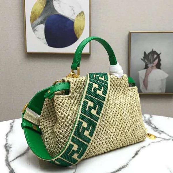 Fendi Women Peekaboo Iconic Mini Natural Raffia Bag Green Nappa (1)