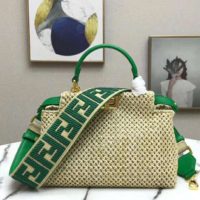 Fendi Women Peekaboo Iconic Mini Natural Raffia Bag Green Nappa