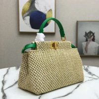 Fendi Women Peekaboo Iconic Mini Natural Raffia Bag Green Nappa