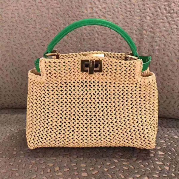 Fendi Women Peekaboo Iconic Mini Natural Raffia Bag Green Nappa (8)