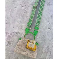 Fendi Women Peekaboo Iconic Mini Natural Raffia Bag Green Nappa