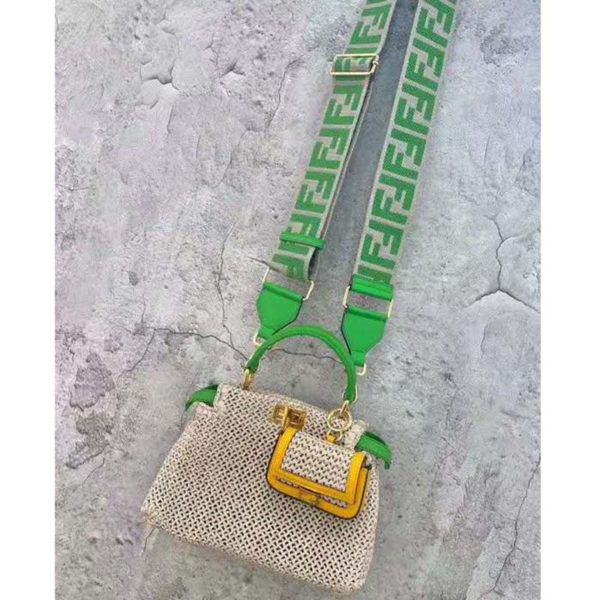 Fendi Women Peekaboo Iconic Mini Natural Raffia Bag Green Nappa (9)