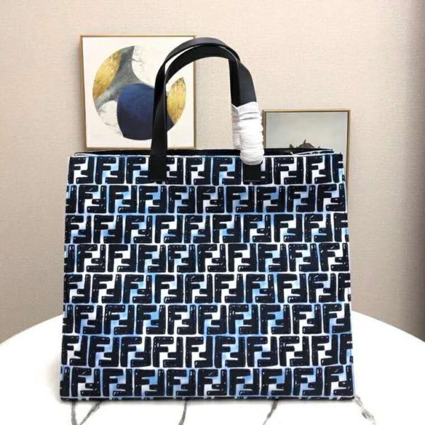 Fendi Women Shopper Bag Blue Glazed Fabric Canvas FF Bag (5)