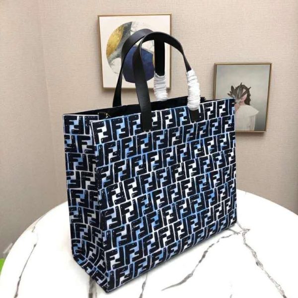 Fendi Women Shopper Bag Blue Glazed Fabric Canvas FF Bag (6)
