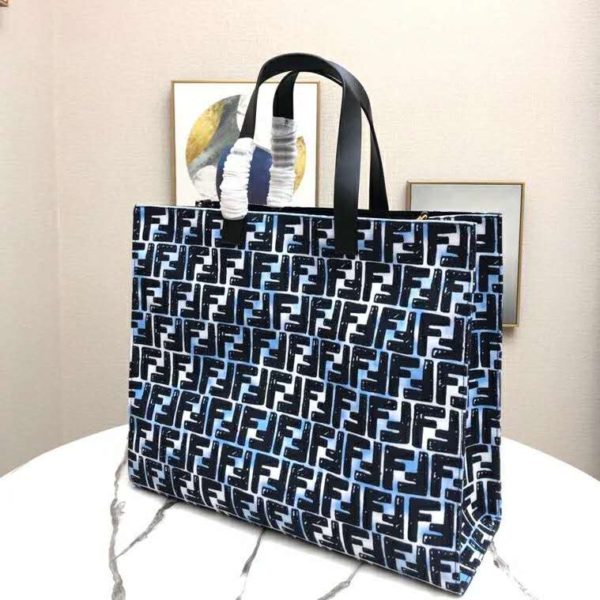 Fendi Women Shopper Bag Blue Glazed Fabric Canvas FF Bag (7)