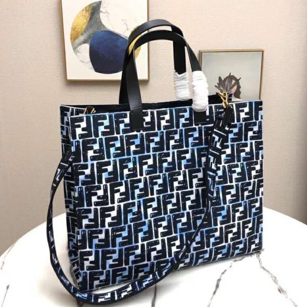 Fendi Women Shopper Bag Blue Glazed Fabric Canvas FF Bag (8)