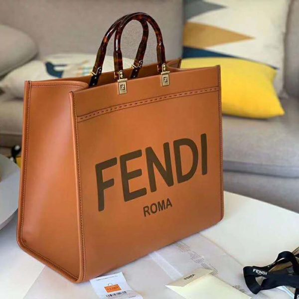 Fendi Women Sunshine Shopper Bag Brown Leather Shopper “FENDI ROMA” - LULUX