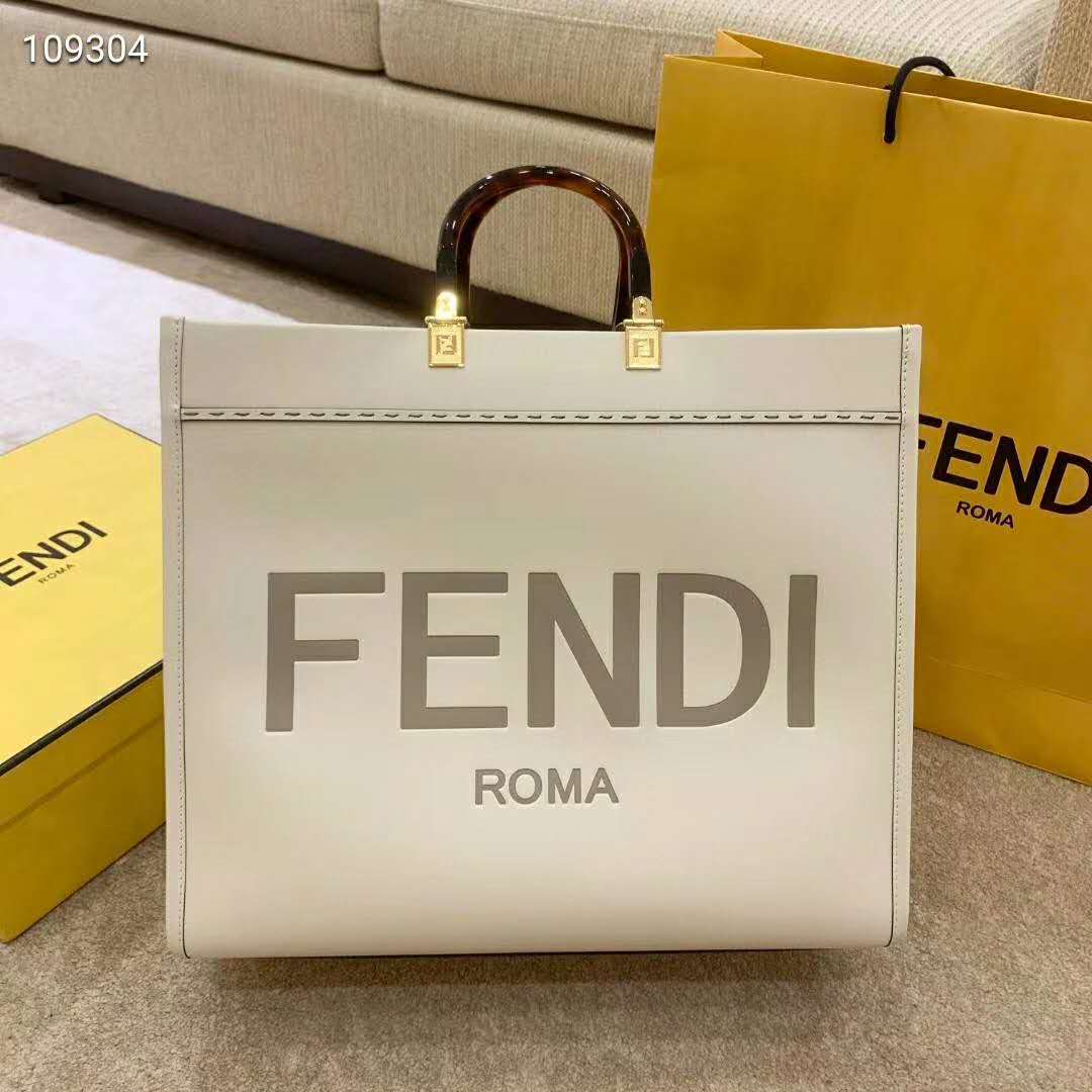 Fendi Women Sunshine Shopper Bag White Leather “FENDI ROMA” - LULUX