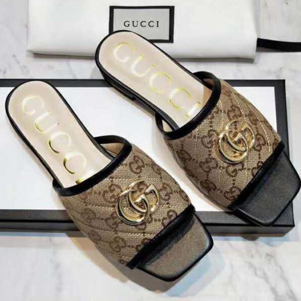 Gucci Women’s GG Matelassé Canvas Slide Sandal BeigeEbony Diagonal (5)