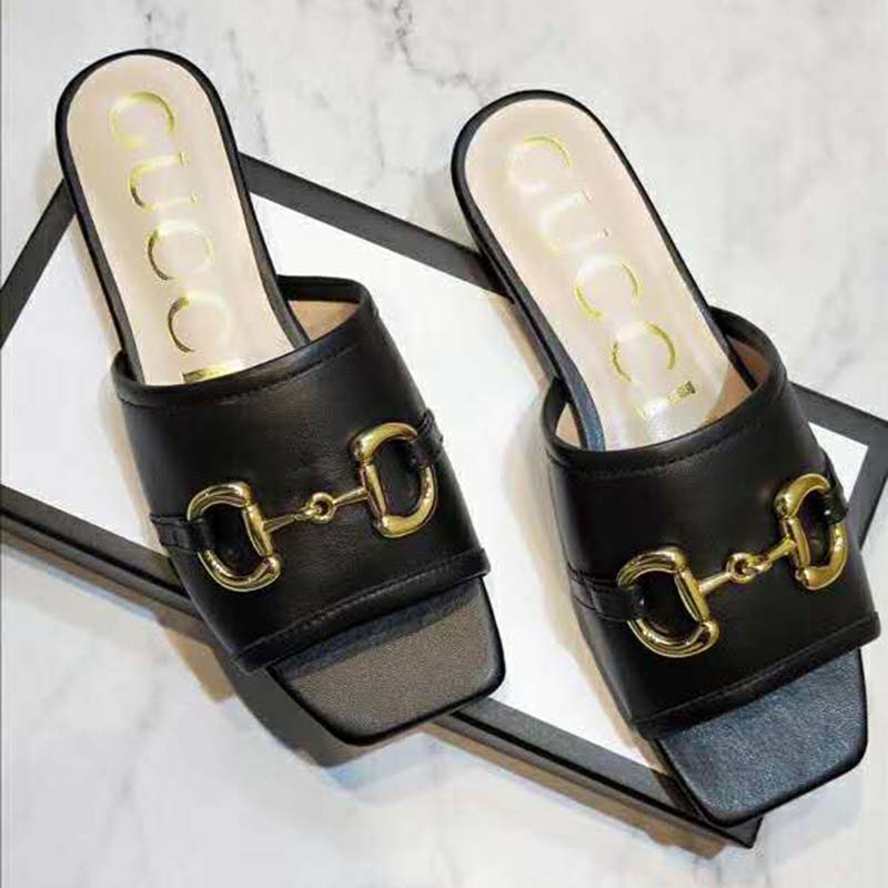Gucci Women's Leather Slide Sandal with Horsebit Black Leather - LULUX