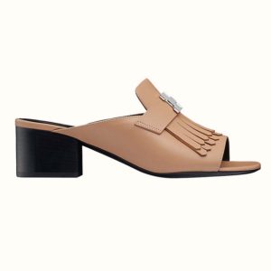 Hermes Women Alma Sandal Calfskin Fringe Detail Palladium Plated H-Brown