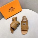 Hermes Women Alma Sandal Calfskin Fringe Detail Palladium Plated "H"-Brown - Image 3