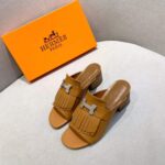 Hermes Women Alma Sandal Calfskin Fringe Detail Palladium Plated "H"-Brown - Image 4